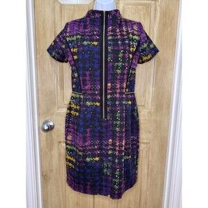 Tahari Arthur S Levine Purple Tunic Dress Matrix Print Womens Size 6 Zip Front